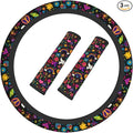 Retro Flower Peace Rainbow Love Steering Wheel Cover Elastic Non-Slip Car Steering Wheel Covers with Seat Belt Shoulder Pad for Women Men