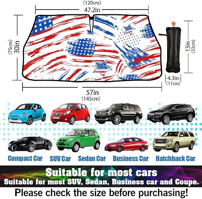 DOPINDU American Flag Car Windshield Sun Shade Umbrella Bendable Handle Foldable Funny Sunshade for Car Windshield Block UV Rays Keep Vehicle Cool for Most Sedans SUV Trucks Cars 57"x30"