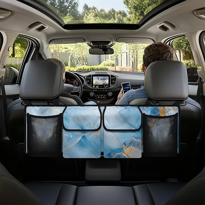 CLOHOMIN Blue Marble Print Car Trunk Organizer Sturdy Backseat Hanging Organizer Collapsible Backseat Storage Organizer for Car Easy to Install Car Organizer Bag