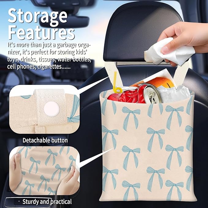 BEAKND Hanging Car Garbage Bag, Cute Car Trash Can Bag, Automotive Accessories for Women Men Cute Blue Beige Bow
