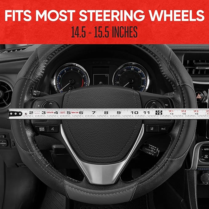 Motor Trend GripDrive Faux Black Leather Steering Wheel Cover for Car Truck Van SUV, Small 14 inch Size, Gray Accent Stitched Car Steering Wheel Cover Vehicle & Auto Accessories (Pack of 2)