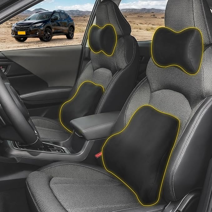 Car Neck & Lumbar Support Pillow Set for Crosstrek, Soft Memory Foam Headrest & Back Cushion, Ergonomic Comfortable Seat Support for Daily Driving and Long Trips Car Interior Accessories