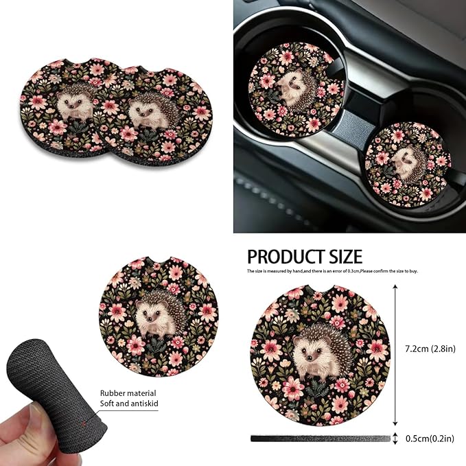 Hedgehog Flower Print Car Interior Accessories Sets, Flower Print Front Seat Covers and Rear Split Bench Seat Cover, Steering Wheel Protector, Universal Fits for Most Cars SUV Truck Sedan