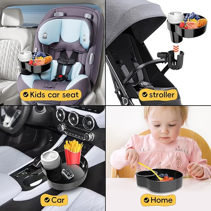 Kids Car Seat Tray, Travel Tray with Cup Holder for Toddler, Baby Car Seat Food Snack Organizer for Road Trip, Stroller snack tray travel must haves (Black 1 Pack)