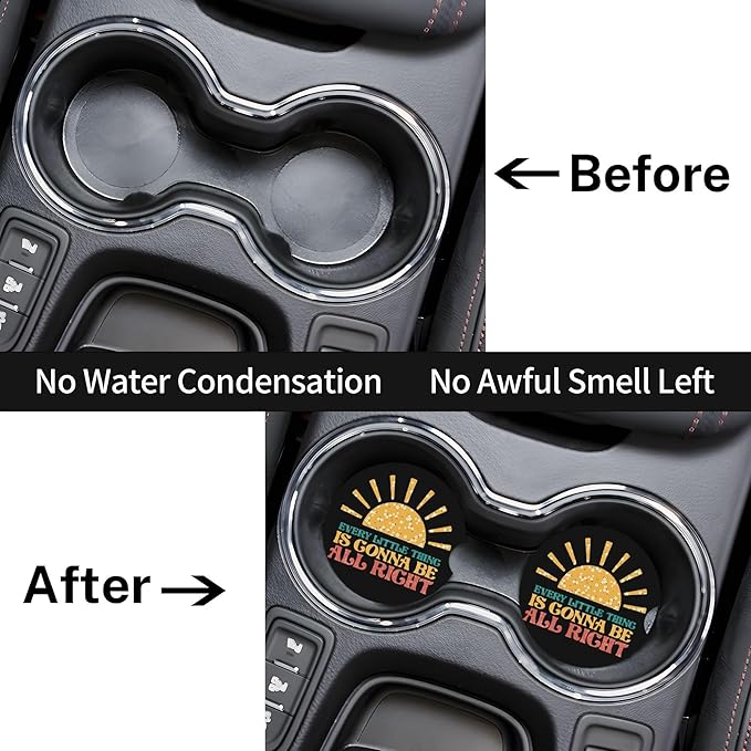 HUWAAI Every Little Thing is Gonna Be Alright Car Cup Holder Coasters 2 Pack Universal 2.63 Inch Anti Slip Ceramic Absorbent Coaster with Cork Base and Finger Notch Car Accessories Interior for Women