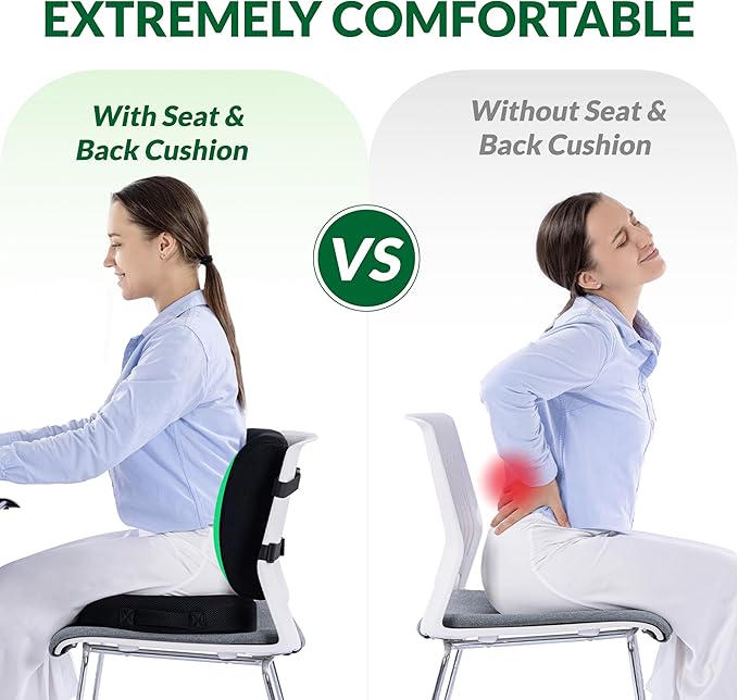 FuturaLoom Seat Cushion & Adjustable Lumbar Support Pillow Set,Charcoal Memory Foam for Sciatica,Back & Tailbone Pain Relief,Washable Cover & Non-Slip,Ergonomic for Office Chair,Car,Wheelchair -Black
