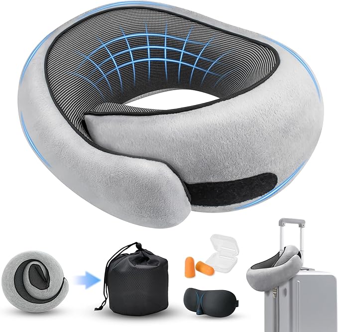HiztoBlo Neck Pillow for Traveling, Travel Pillows for Airplanes 2025 New 100% Pure Memory Foam, Neck Pillow Airplane with 360º Ergonomic Design, Travel Neck Pillows for Airplanes, Office and Car