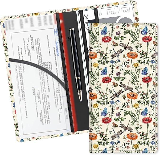 ADUQLZUX Leather Car Registration and Insurance Card Holder, Cute Car Accessories Vehicle Glove Box Car Organizer for Documents, Cards, License Cute Dragonfly Flowers