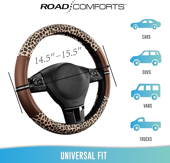 Road Comforts Leopard Steering Wheel Cover - Made with PVC Leather Cheetah Print - Anti-Slip, Universal Fit 14 1/2 inches to 15 inches - Brown