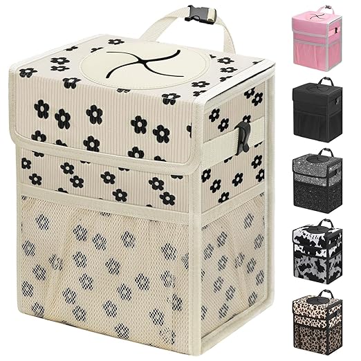 Capolo Car Trash Can with Lid, Leakproof Car Trash Bag Hanging Waterproof Automotive Garbage Can with Storage Pockets Mini Vehicle Trash Bin for Back/Front Seat(Corduroy Black Flower,3 Gallon)