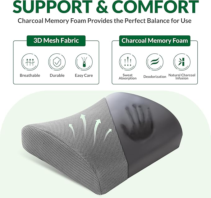 FuturaLoom Lumbar Support Pillow for Office Chair and Car,Back Support for Office Chair,Charcoal Memory Foam Back Cushion with Breathable Mesh Cover,Double Adjustable Straps,Grey