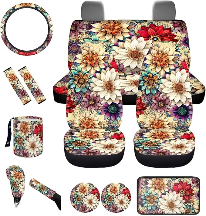 Dngkaoje 13 Pieces Blossom Lotus Car Accessories Full Set Boho Flower Car Seat Covers Set Steering Wheel Covers Automotive Garbage Cans Organizer,Cup Holder,Armrest Pads,Fit for Most Truck SUV