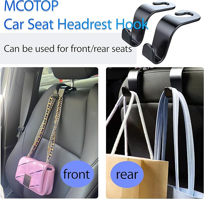 Car Seat Headrest Hook, Organizer Universal for Handbag/Purse/Gym Bag/Hat/Baby Gear/Groceries Car Accessories, Car Back Seat Headrest Hook (Black) (2)