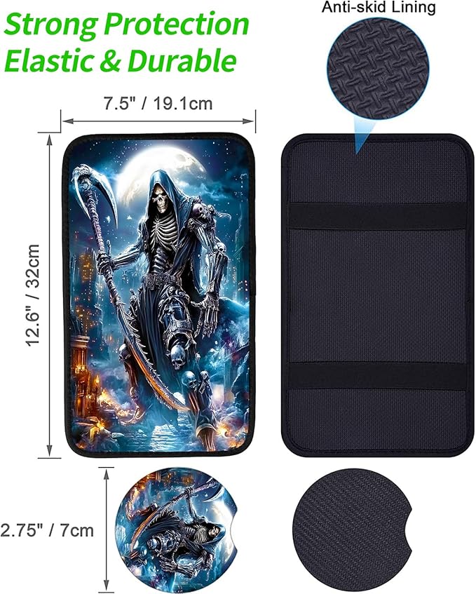 JANENFNA Car Armrest Cover Pads Universal Fashion Cute Auto Center Console Armrest Cover Pad with 2PCS Car Coasters Soft Waterproof Car Armrest Seat Protector for Women,Black Grim Reaper