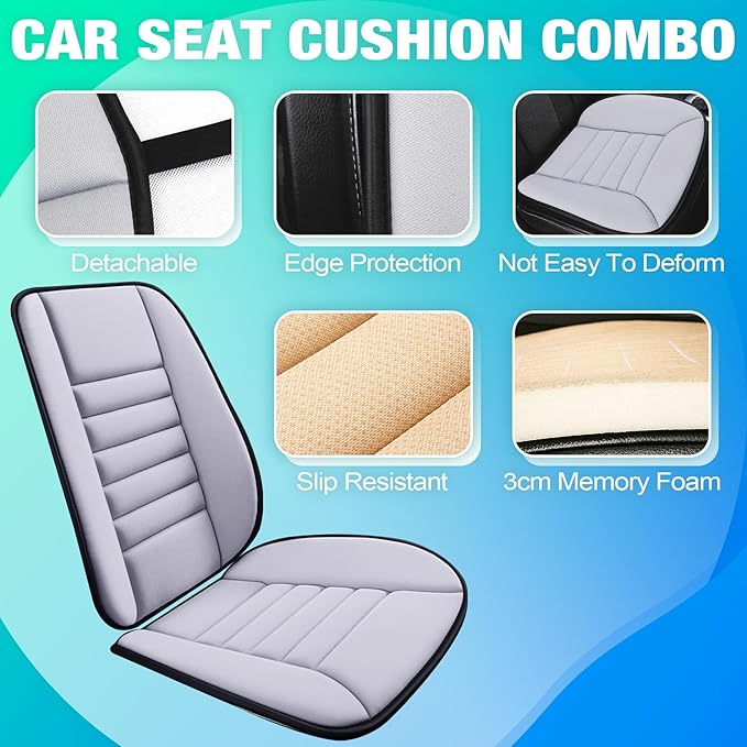 MYFAMIREA Car Seat Cushion and Back Support Pillow 1.2'' Thick Memory Foam Desk Chair Cushion Back Support for Automotive Seat Driver, Travel, Leg and Back Pain Relief, Washable, Adjustable, Gray