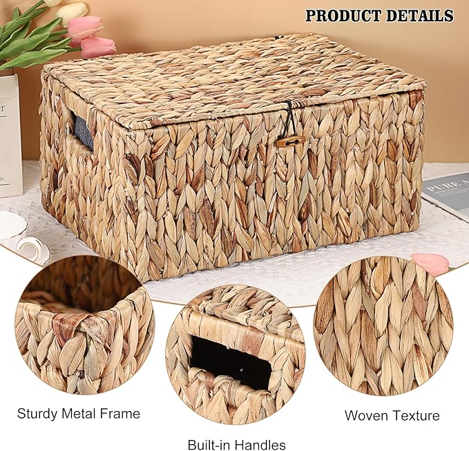 Hipiwe Wicker Storage Bins with Lid, X-Large Handwoven Water Hyacinth Wicker Baskets Rectangular Decorative Shelf Baskets Bin Built-in Handles Household Basket Boxes for Shelf Home Organizing