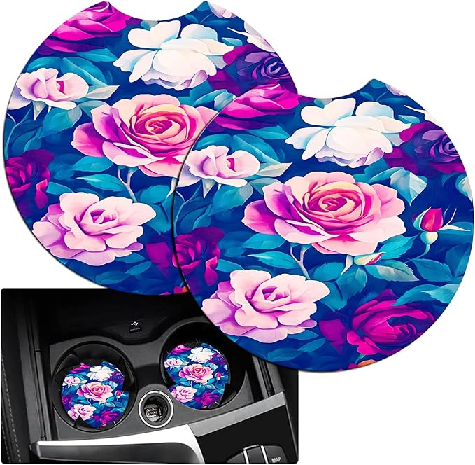 JANENFNA Car Armrest Cover Pads Universal Fashion Cute Auto Center Console Armrest Cover Pad with 2PCS Car Coasters Soft Waterproof Car Armrest Seat Protector for Women,Colorful Rose
