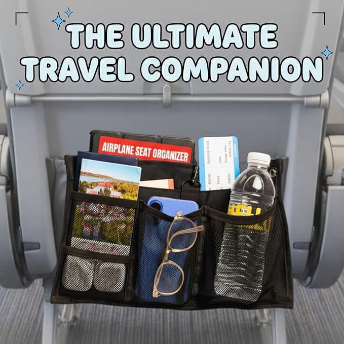 SKY STASH Airplane Seat Organizer to Clip onto Airplane Seat Pocket | Travel Essentials Accessory with Improved Universal Compatibility (15 x 9 Inches)