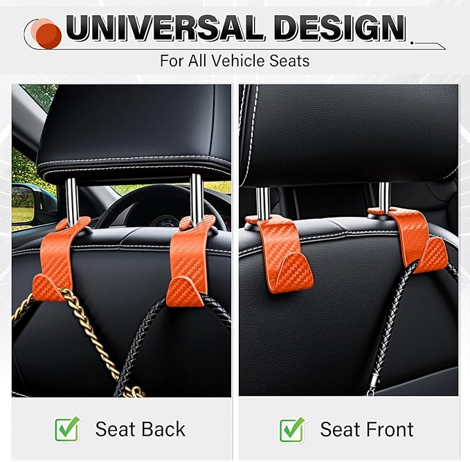 SINGARO Universal 4 Pack Car Seat Headrest Purse Hook, Carbon Fiber Back Seat Hook Storage Organizer Hanger for Purse Handbag Coat, Car Interior Accessories(Orange)