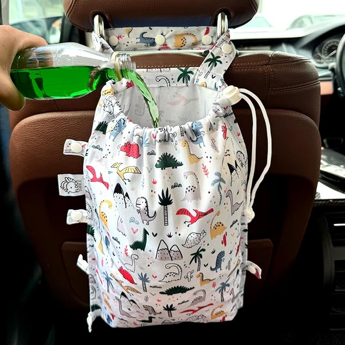 FLOCK THREE Leak-Proof Waterproof Car Trash Bag Foldable Multipurpose Trash bin Container Storage Cute Grocery Organizer Bag for Automotive Front or Back Seat in Cars SUVs and Trucks (Dino)