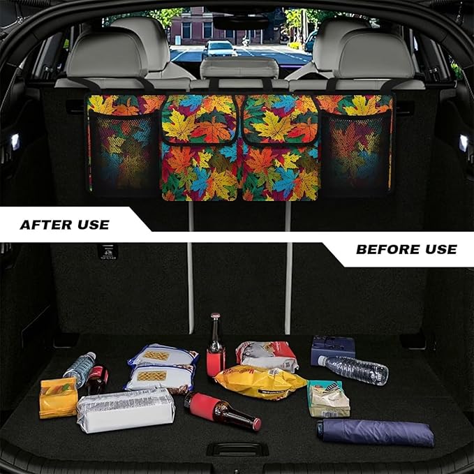 Car Trunk Organizer & Backseat Hanging Organizer with 2 Large Storage Bag & 2 Mesh Pockets,Trunk and Backseat Storage Bag for SUVs & RVs,37.01x11.81 inch,Colorful Autumn Maple Leaf