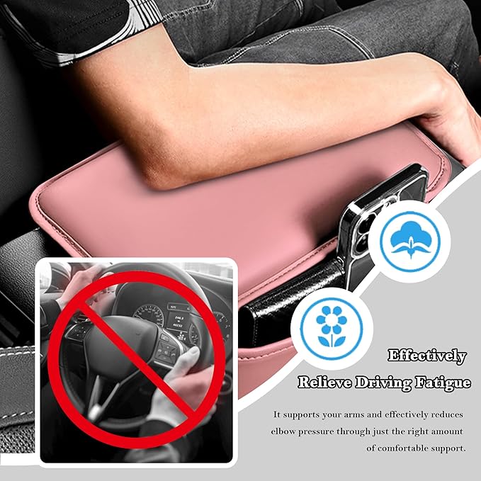 Stacool Center Console Cover with Storage Bag,Leather Comfort Armrest Cover for Car Decorations & Height Car Armrest Cushion,Universal Car Arm Rest Cover Pad for Most Vehicles (Pink)