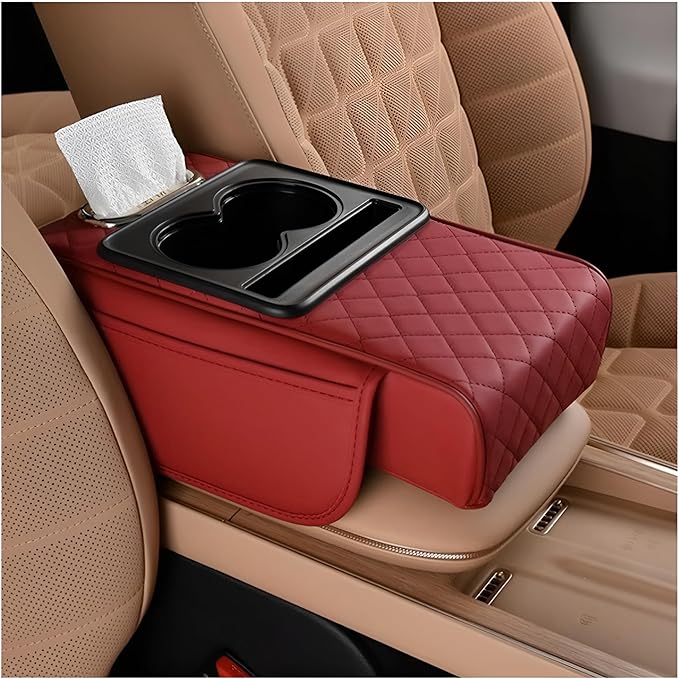 Car Center Console Armrest Pillow, Memory Foam Leather 4 in 1 Vehicle Arm Rest Cover with Tissue Box 2 Side Storage Bag Cup & Phone Holder, Auto Armrest Cushion, Universal Fit (Wine Red)