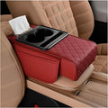 Car Center Console Armrest Pillow, Memory Foam Leather 4 in 1 Vehicle Arm Rest Cover with Tissue Box 2 Side Storage Bag Cup & Phone Holder, Auto Armrest Cushion, Universal Fit (Wine Red)