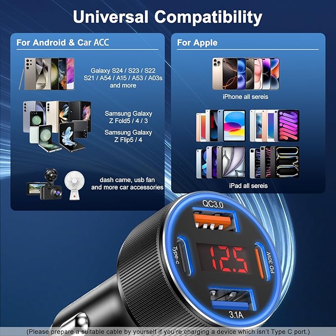 Car Charger for iPhone 17 16 15 Pro Max, Besgoods 4-Port Cigarette Lighter Adapter USB C & USB A Car Phone Charger Fast Charging Voltmeter for Galaxy S25 S24 S23 A15 A54 Android, 6ft USB C to C Cable