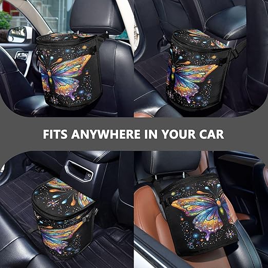 MNSRUU Car Trash Can with Lid, Multi-Color Butterfly Starlight Car Trash Bag Hanging Organizers and Storage for Front Back Seat, Leak-Proof Trash Bin