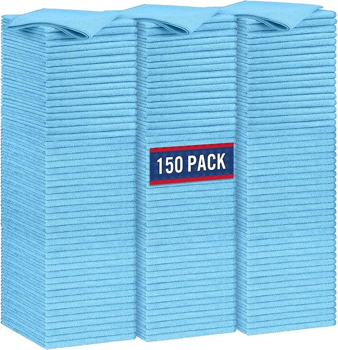 GLIMGLINT Blue Microfiber Cleaning Cloth, 150 Pack Cleaning Rags, Cleaning Towels with 3 Color Assorted, 14"X12"