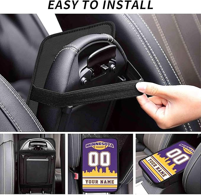 Custom Minnesota Car Armrest Covers Personalized Football Style with Name Number Customized Auto Center Console Pad Car Handrail Box Cushion for Most Vehicle Decor Accessories, Fans Gift