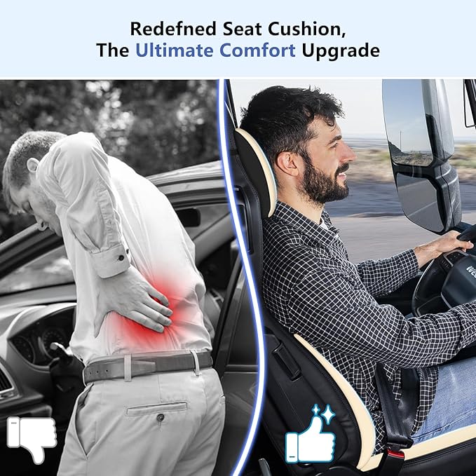 GEEYONTEK Car Seat Cushion with Neck Pillow & Lumbar Support Kit Back Sciatica Tailbone Pain Relief Car Pillows Ergonomic Memory Foam Back Support for Driving Seat Office Chair Wheelchair Beige