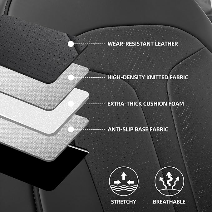OURPLOT Custom Fit Seat Covers for 2025 2026 Tesla Model Y Juniper (5-Seater), Waterproof Breathable Nappa Leather, OEM Factory Style Full Set Car Seat Protectors Airbag Compatible - Black