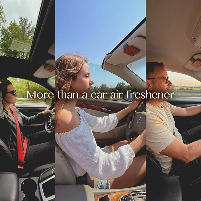 Car Air Freshener with Premium Leather Visor Clip, North American Alder Wood Scent Diffuser, Refillable Solid Wood Odor Eliminator for Vehicle Cabin, Truck & SUV, No Liquid, No Mess (Wild Dew)