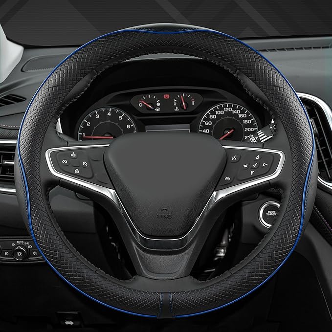 West Llama Microfiber Leather Car Steering Wheel Cover for Chevy Silverado,Tahoe,Equinox,Traverse,Trailblazer,Colorado (Black+Blue Line - Standard Size)