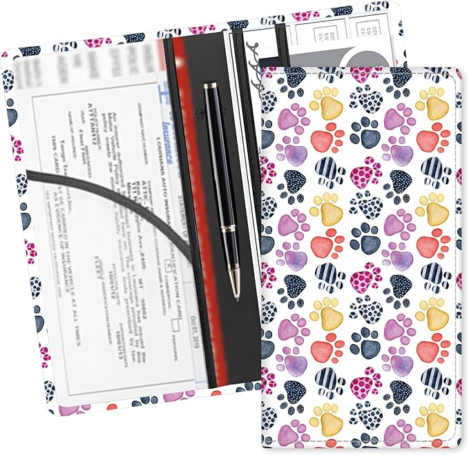 ADUQLZUX Leather Car Registration and Insurance Card Holder, Cute Car Accessories Vehicle Glove Box Car Organizer for Documents, Cards, License Colorful Dog Paws