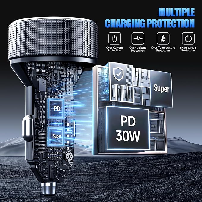 Car Charger with USB C Cable, 78W 4 Port Car Phone Charger Adapter Fast Charging, Dual USB C Car USB Adapter for iPhone 17 16 15 14 13, iPad, Samsung Glaxy, Android (Black & Cable)