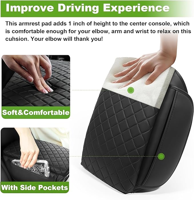 Armrest Cover for Toyota Tacoma Center Console Pad with Organizer Storage Pockets, Black Faux Leather Arm Rest Lid Protector Cushion Interior Accessories (2024-2026)