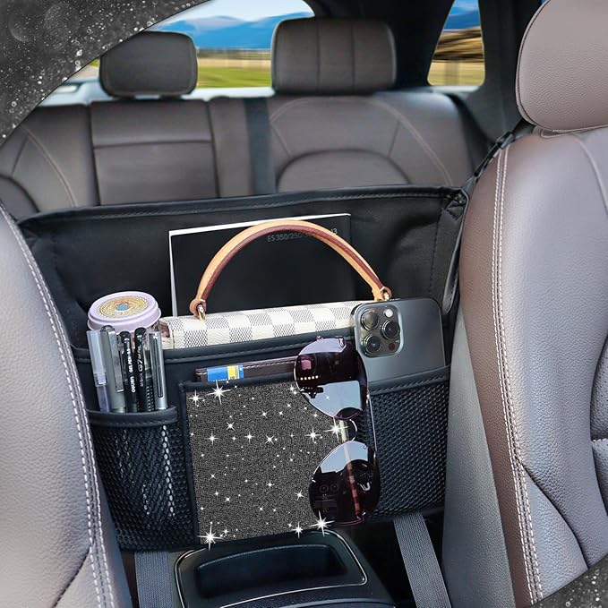 Black Diamond Car Handbag Holder Between Seats Bling Rhinestone Car Storage Bag Large Capacity Purse Phone Ipad Automotive Consoles Organizer Safe Barrier of Backseat Pet Kids…