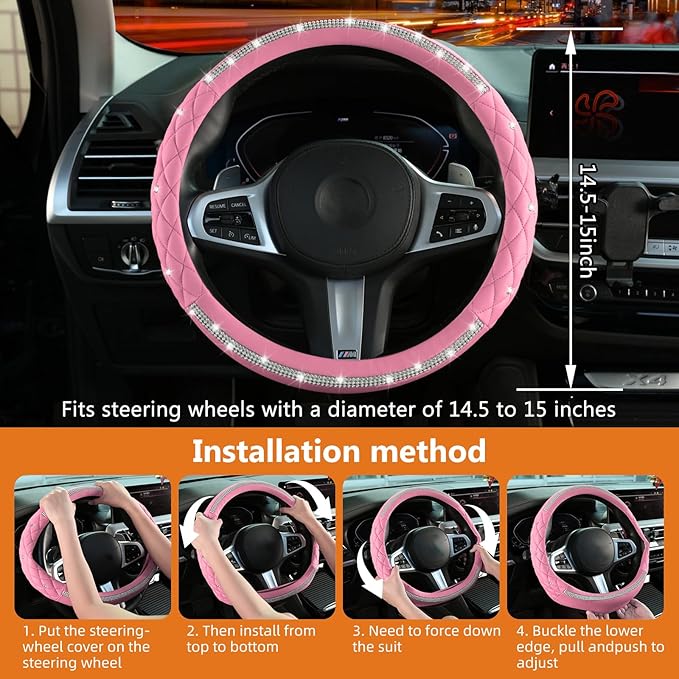 Diamond Steering Wheel Cover，14.5-15 Inch Car Steering Wheel Cover with Bling Crystal Rhinestone，Delicate and Anti-Slip Sparkly Car Wheel Protector for Women Girl，Pink