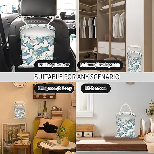 AUEKLLW Car Trash Can, Hanging Garbage Bin for Men and Women, Cute Car Organizer and Storage Bag, Canvas Vehicle Trash Can Bag Easy-to-Install Cute Blue Turtle