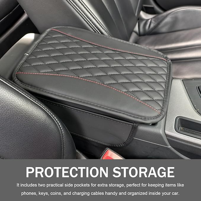 Car Center Console Cover, Patchwork Leather Armrest Cover Cushion with 2 Storage Bag, Waterproof Comfortable Auto Arm Rest Pad, Universal Center Console Protector for Sedan, SUV (Black)