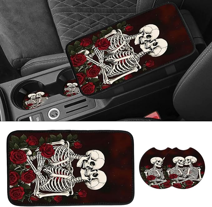 JANENFNA Car Armrest Cover Pads Universal Fashion Cute Auto Center Console Armrest Cover Pad with 2PCS Car Coasters Soft Waterproof Car Armrest Seat Protector for Women,Skulls Roses