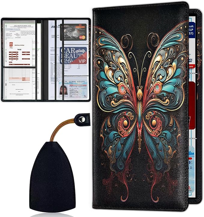 Car Document Holder with Magnetic Shut, Car Registration & Insurance Card Holder, Waterproof PU Leather Glove Box Organizer Vehicle Accessories Driver License for Women/Men, Butterfly Pattern