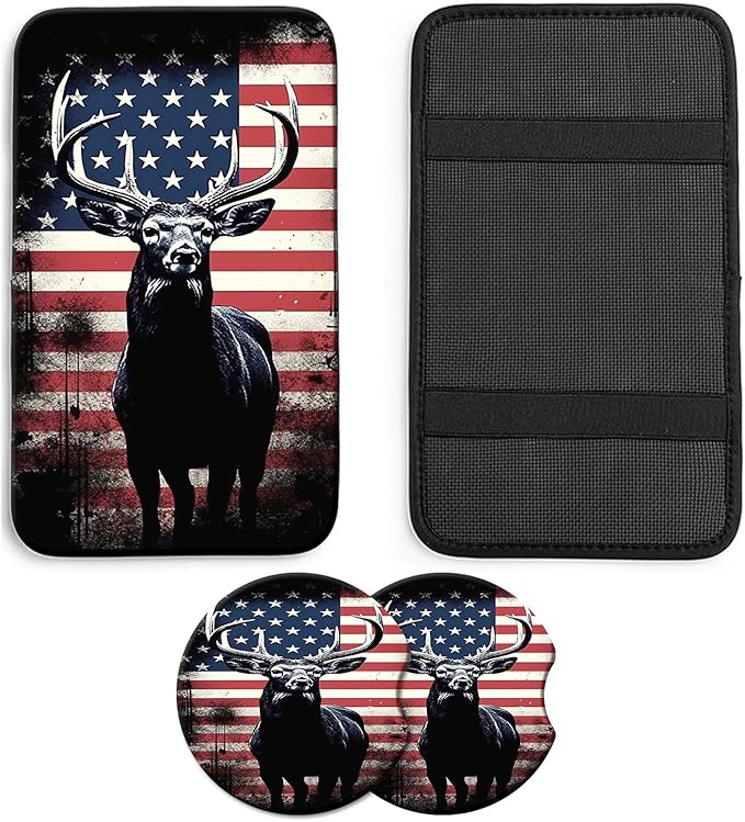 JANENFNA Car Armrest Cover Pads Universal Fashion Cute Auto Center Console Armrest Cover Pad with 2PCS Car Coasters Soft Waterproof Car Armrest Seat Protector for Women,Patriotic Deer Design
