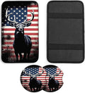 JANENFNA Car Armrest Cover Pads Universal Fashion Cute Auto Center Console Armrest Cover Pad with 2PCS Car Coasters Soft Waterproof Car Armrest Seat Protector for Women,Patriotic Deer Design