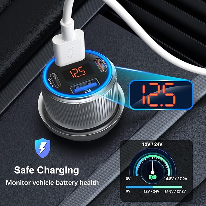 65W Dual USB C & USB A Car Charger Multi Port Cigarette Lighter Adapter with Voltmeter QC+PD 3.0 Fast Charging with 2 Pack Type C Cords