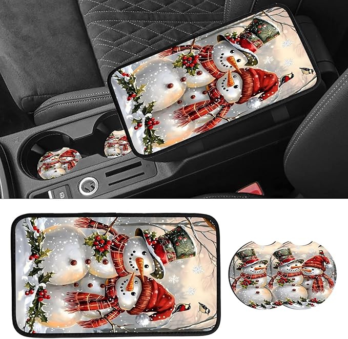 JANENFNA Car Armrest Cover Pads Universal Fashion Cute Auto Center Console Armrest Cover Pad with 2PCS Car Coasters Soft Waterproof Car Armrest Seat Protector for Women,Christmas Snowmen