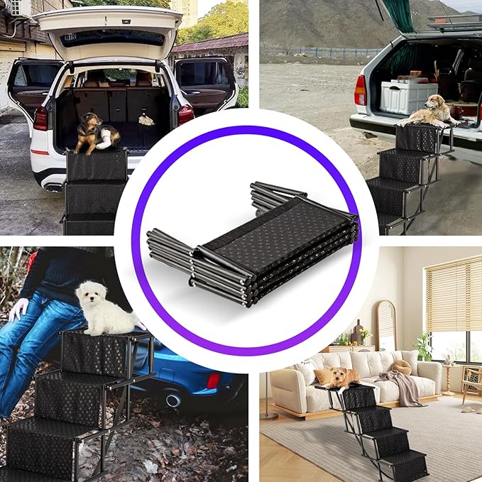 Dog Stairs for Car, Foldable Ramps for Dogs with Non-Slip Surface for Large Dogs Portable Dog Steps for Cars and SUV, Truck to 200 lbs, 4 Steps